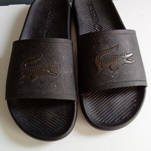 Lacoste Mens Croco Slides Black Rubber Logo Sandals Pool Shoes